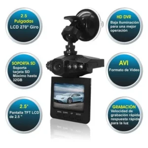 Camara Carro Hd Dvr 1080p CAMARA PARA CARRO DH DVR VISION NOCTURNA IMAGEN DE 120° FULL HD 1080P El producto es también un asistente funcional de su seguridad privada. Este registrador del vehículo, de hecho, es un dispositivo instalado generalmente en el parabrisas del coche para grabar vídeo, datos de audio relacionados con el impacto del vehículo o accidentes. La información del dispositivo se almacena en la tarjeta de memoria y se puede analizar para ayudar a determinar lo que los vehículos estaban haciendo antes, durante y después de un accidente o evento con apoyo de su visión nocturna. 2,5 pulgadas TFT 270 grados de giro Pantalla LCD para una buena vista ángulo de visión amplio Sensor de imagen HD Con 6 piezas IR LED lámpara, función de visión nocturna de apoyo Soporte de detección de movimiento puede tomar todo tipo de accidentes de tráfico que se utilizarán como prueba del ejercicio Sensor de imagen: 1/4 de color CMOS WXGA HD Image Sensor Disparo de ciclo opcional con 2 minutos / 5 minutos / 10 minutos de tiempo de disparo Micrófono: Incorporado Batería: batería de litio 800mAh, intercambiables Voltaje de carga: DC-5V Sistema Operativo: Windows me / 2000/2003 / XP / Vista / Win7; Mac OS; Linux Monitor: Monitor colorido de 2,5 » TFT El soporte gira a 270 ° Ángulo de visión: lente de gran angular de 120 ° 6 visión nocturna de la ayuda del IR LED. Función de la ayuda: Detección de movimiento audio vídeo bucle Grabación durante la carga Grabación automática después de encender el automóvil Resolución de video: HD: 1280 x 720 píxeles, 29 fps D1: 848 X 480 píxeles, 29 ~ 30 fps VGA: 640 X 480 píxeles, 30 fps Especificación de la imagen: 5M: 2592 x 1944 3M: 2048 x 1536 2M: 1600 x 1200 1M: 1024 x 768 Vídeo: AVI Imagen: JPG Salida de vídeo: USB 2.0 AV-OUT Tamaño: 112 x 63 x 34mm Peso: 110 g Lo Que Obtienes con tu Compra: Cámara DVR batería del Li-ion Soporte Ventosa Cargador de coche Cigarrera Manual del usuario Camara Carro Hd Dvr 1080p