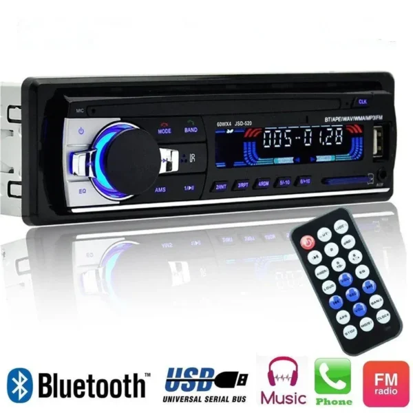 Radio Carro Bluetooth MP3 FM-Auxiliar USB-SD Radio Carro Bluetooth FM 60Wx4 Salida Bluetooth FM MP3 Receptor de radio estéreo Aux con USB SD y control remoto L-JSD-520 Funciones todo en uno: inalámbrico integrado + micrófono y compatible con llamadas manos libres, compatible con dispositivos iPhone y Android, compatible con tarjetas SD, carga USB y reproductores de MP3, etc. Diseño ultra: versión de un solo din, excelente pantalla LCD negra con reloj digital. No hay sombra negra o doble imagen en la pantalla desde cualquier ángulo. Radio FM: compatible con 3 bandas de radio (FM1/FM2/FM3), se pueden almacenar 18 estaciones de radio (frecuencia: 87.5-107.90 MHz) Lo que obtienes: viene con JSD – Radio FM 520, control remoto (sin batería), cable, manual de usuario (idioma español no garantizado). Potencia de salida máxima: 60 vatios x 4; Voltaje de entrada: DC 12V (no se puede utilizar en un camión de 24 v)